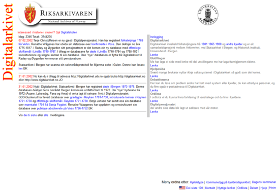 Framsida til Digitalarkivet anno 2002.
