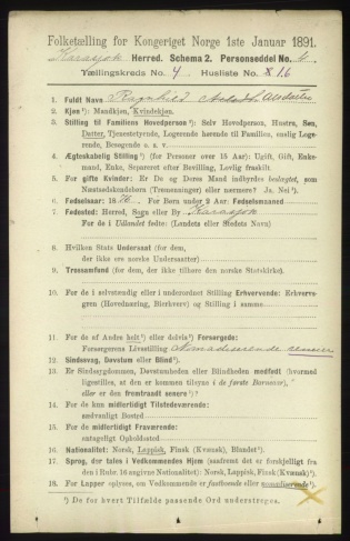 Personseddel fra 1891-tellingen for Karasjok