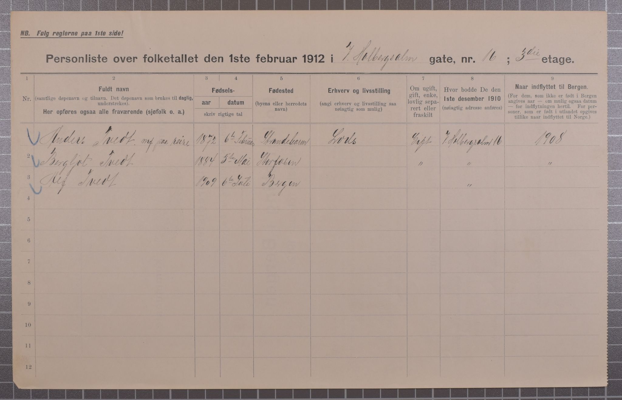 Skannet side av folketellingen 1912 Bergen