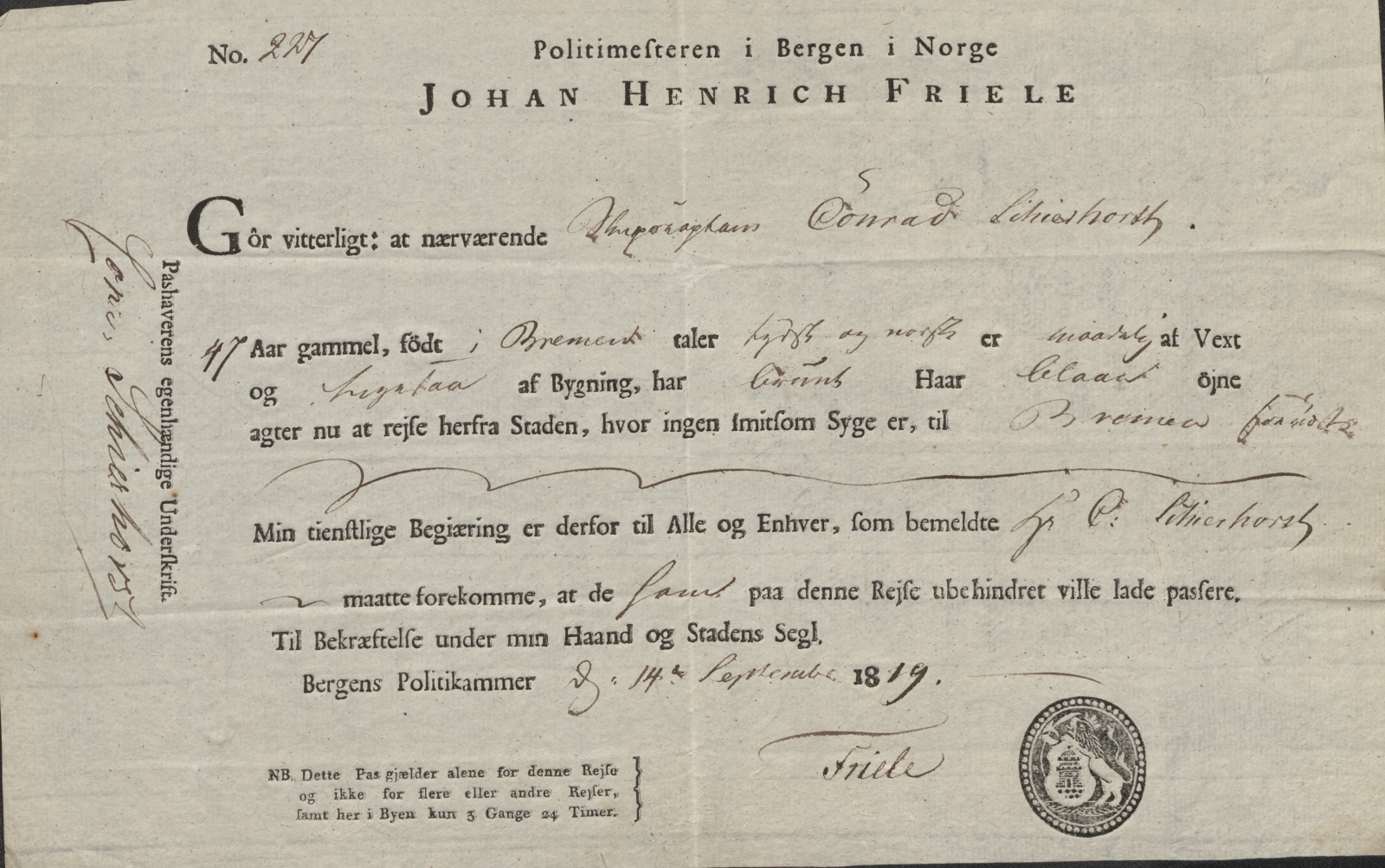 Pass fra Bergen 14.09.1819