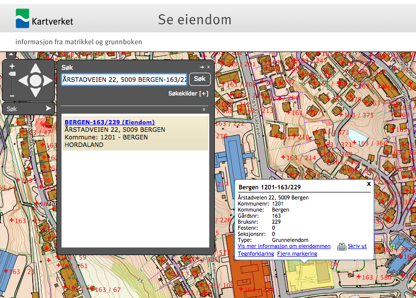 Viser treff hos Kartverket sin tjeneste Se eiendom.