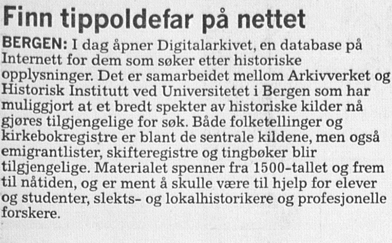 Notis fra avis med omtale av åpningen av Digitalarkivet